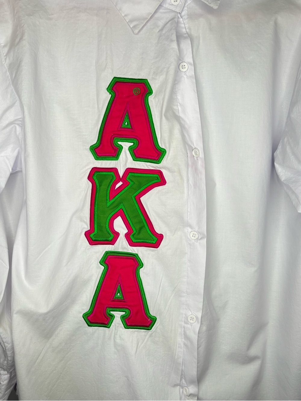 White Alpha Kappa Alpha Button-Up Shirt - Hot Pink & Green appliqué Lettering - Picture 2 of 4